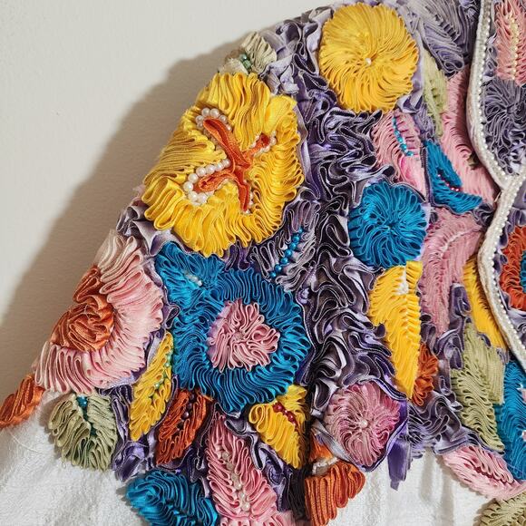 Precious Moments vintage 100% silk ribbon and beaded blazer woman's size M / L - Picture 4 of 16